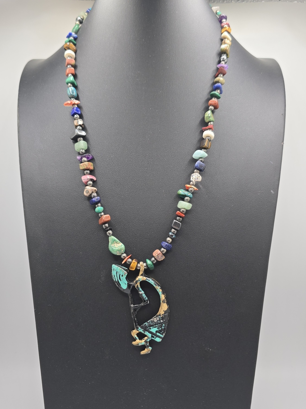 Vintage Kokopelli Pendant Necklace Mixed Stone Beads Southwestern Style 23"